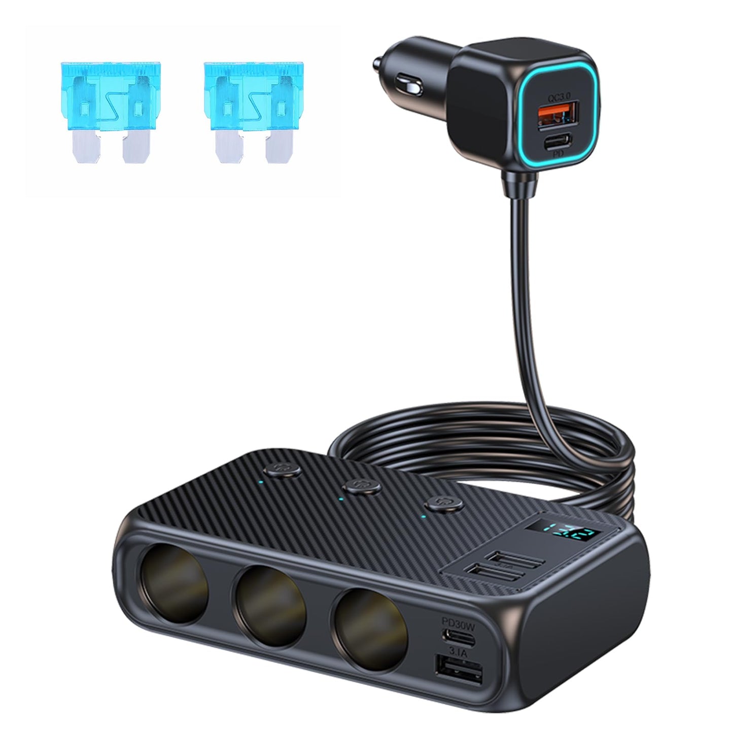 171W 9-in-1 Car Cigarette Lighter Multi Socket, 12V/24V Cigarette Lighter Splitter Fast Charging For iPhone/Samsung & All Car Devices