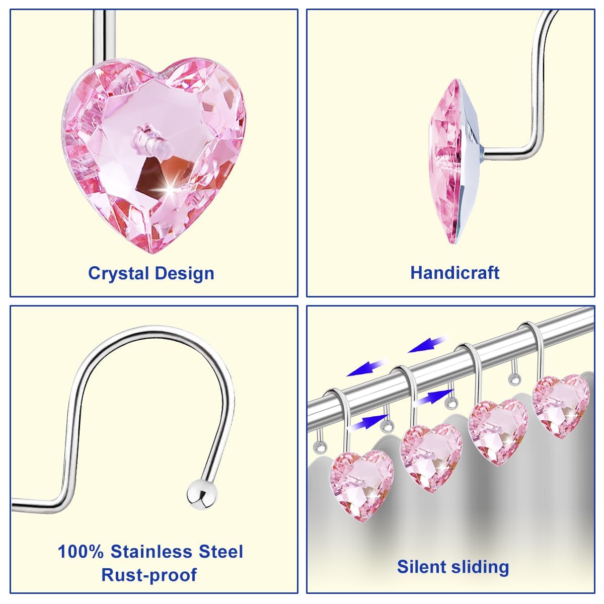 12PCS Shower Curtain Hooks, Heart Shaped Rhinestone Rings, Stainless Steel Rust Resistant Bathroom Decor Hangers for Curtains Bathroom Home Decor