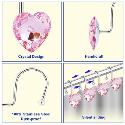 12PCS Shower Curtain Hooks, Heart Shaped Rhinestone Rings, Stainless Steel Rust Resistant Bathroom Decor Hangers for Curtains Bathroom Home Decor