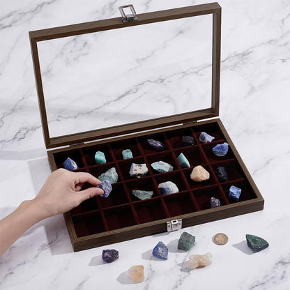 NBEADS 24 Grids Rock Collection Box, Wooden Display Cases for Raw Rock Crystal Collection Box with Shelves for Stones Collectibles Gemstone Crystals