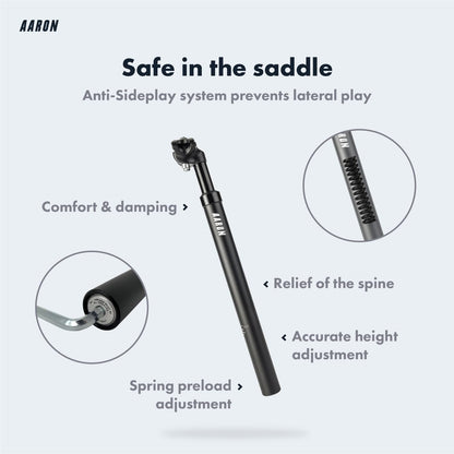 AARON - Spring Suspension Bike Seat Post - Aluminum Saddle Seatpost for E Bicycle, MTB, Trekking Bikes, City Bikes - 31.6mm Diameter, 13.8" (350mm)