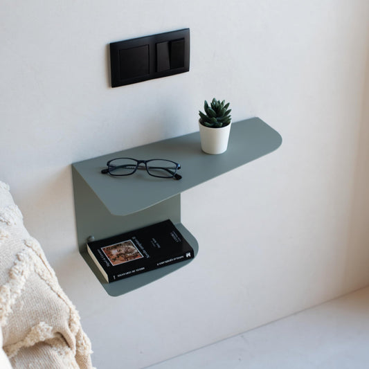 MILUKA Floating Bedside Tables Set of 2 | Wall Mounted Narrow Bedside Tables 40 X 20 cm in Olive Green Metal, 2 shelf Design | Modern Floating shelves