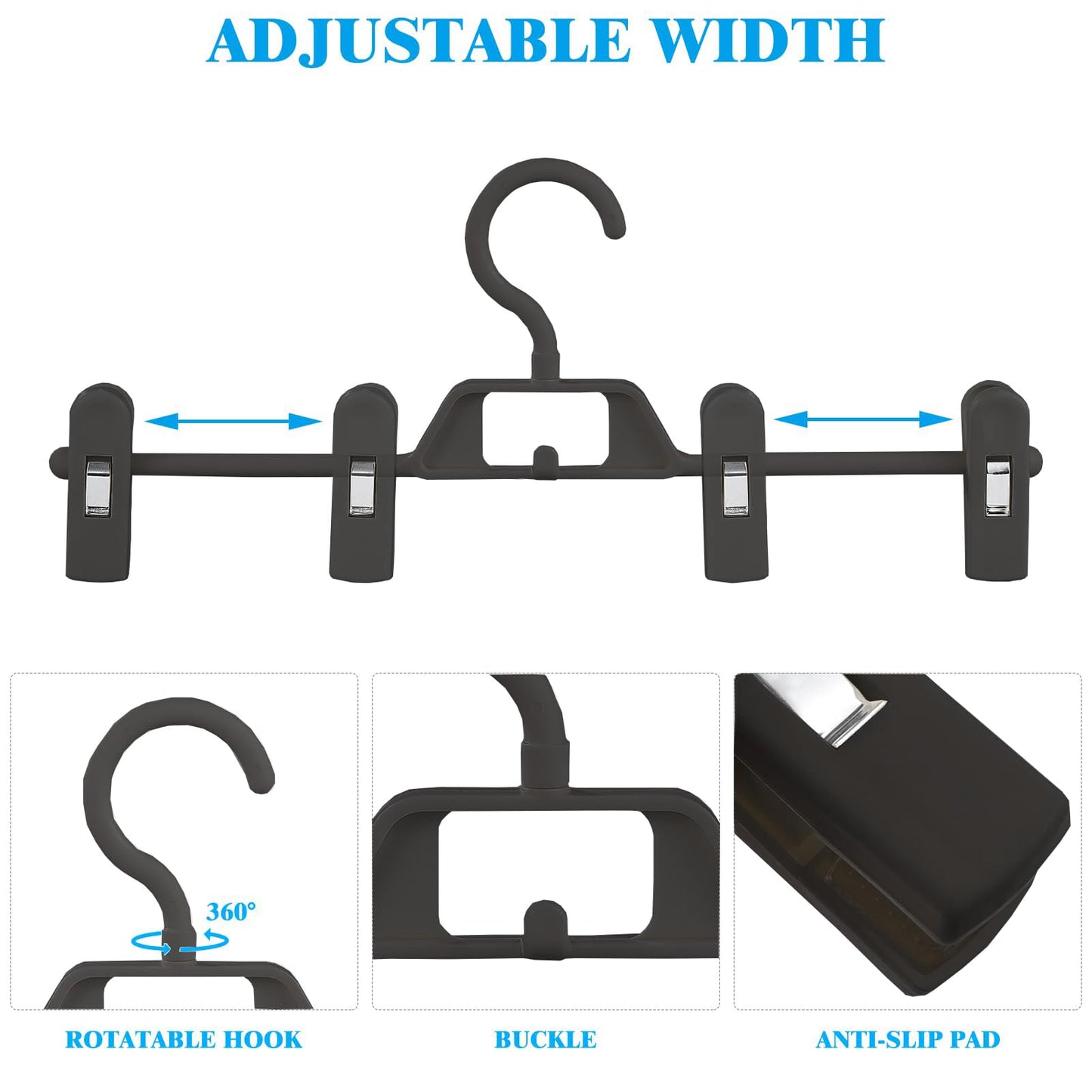 WJWSKI Trouser Hangers with Adjustable Clips, Stackable Skirt Hangers 10Pack, Pants Hangers Space Saving with 360° Swivel Hooks for Skirts,Dresses