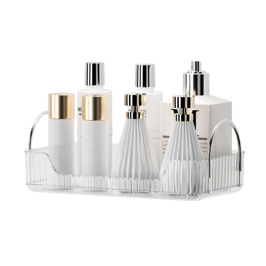 Bathroom Organiser Countertop Vanity Tray, Skincare Makeup Shelf for Cosmetics, Toiletries, Lotions, Perfumes (1 Tier, Clear)