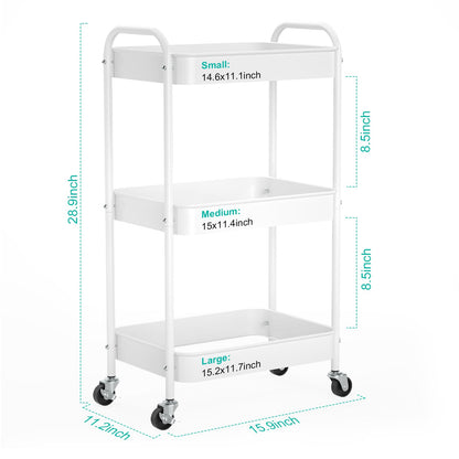 PNVXNUS 3-Tier Rolling Cart, Metal Utility Storage Carts with Wheels,White