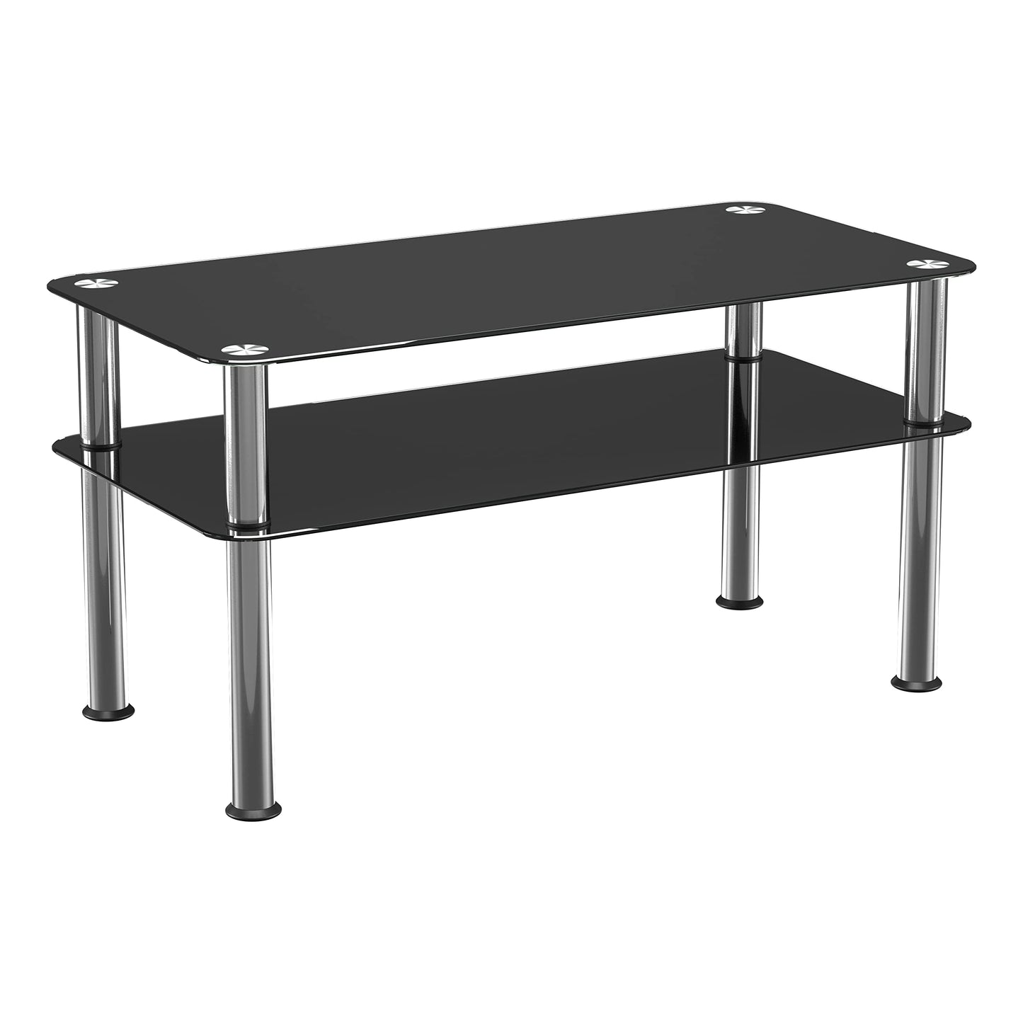 mahara Black Glass Coffee Table - Slimline side table with shelf polished stainless steel legs - Small table W80cm x D40cm x H41.5cm