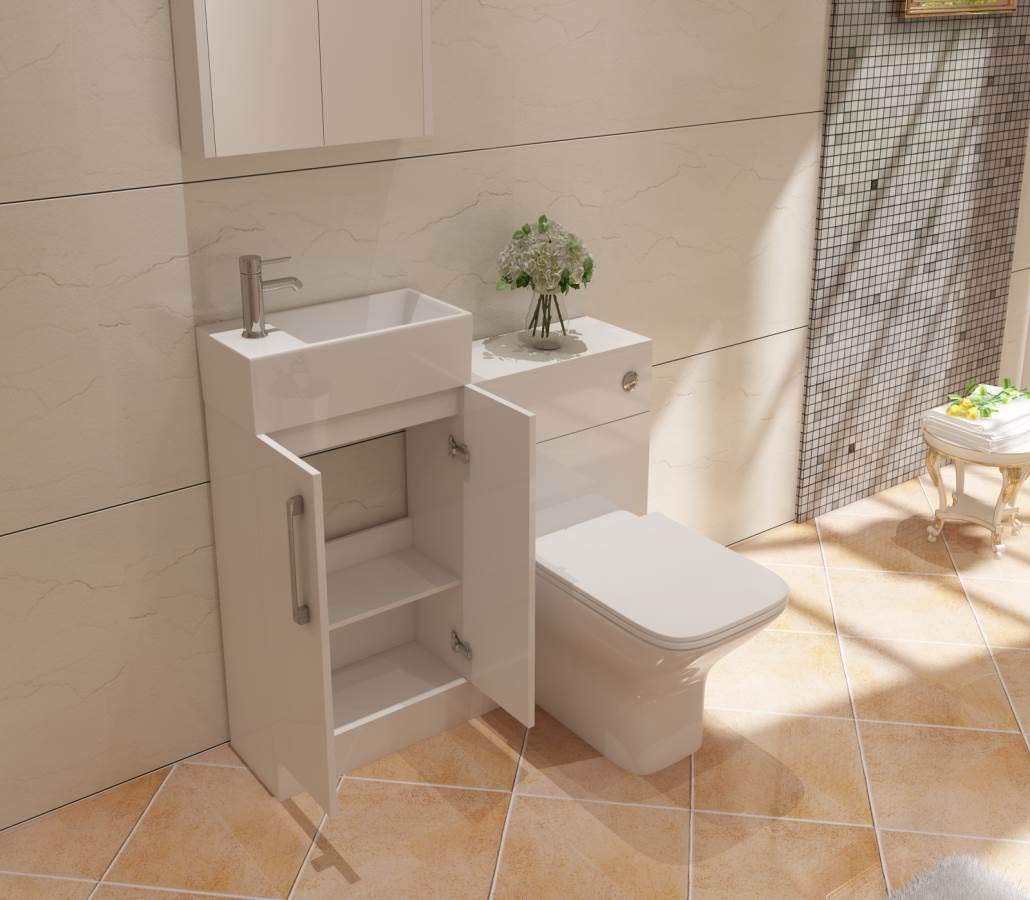 VeeBath STR-CR47-WH Lumin Cloakroom Vanity Basin Cabinet 2 Soft Close Door Bathroom Furniture Unit with Ceramic Sink-470mm, High Gloss White, 470mm