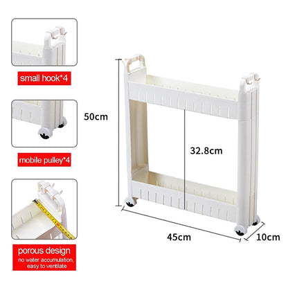 10cm Wide Kitchen Cart, White Shelving Unit, Storage Trolley with Wheels for Kitchen Bathroom Office Laundry, with Handles, with Extra Hooks