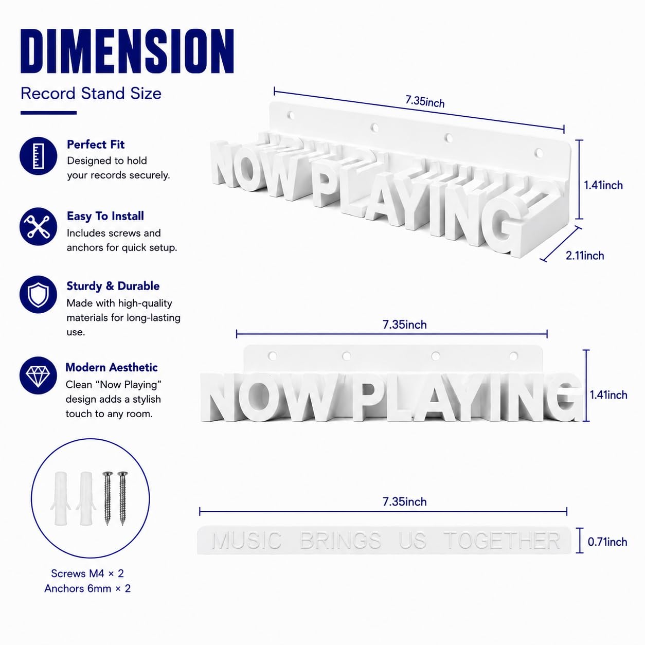 WPESI Now Playing Vinyl Record Stand, Wall Mount Display for Albums - Hanging Record Storage Holder (White)