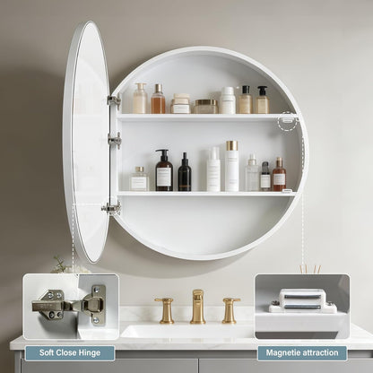 Janboe Round Mirror Cabinet,Aluminum Framed,Soft Close Hinge,71cm,White