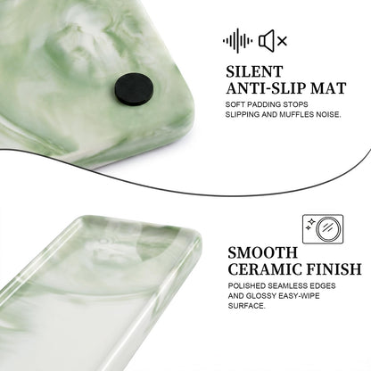 Green Marble Pattern Ceramic Vanity Tray,20.5x9.5x1.2cm Perfume & Jewelry Dish,Rectangular Countertop Organiser for Bathroom,Vanity
