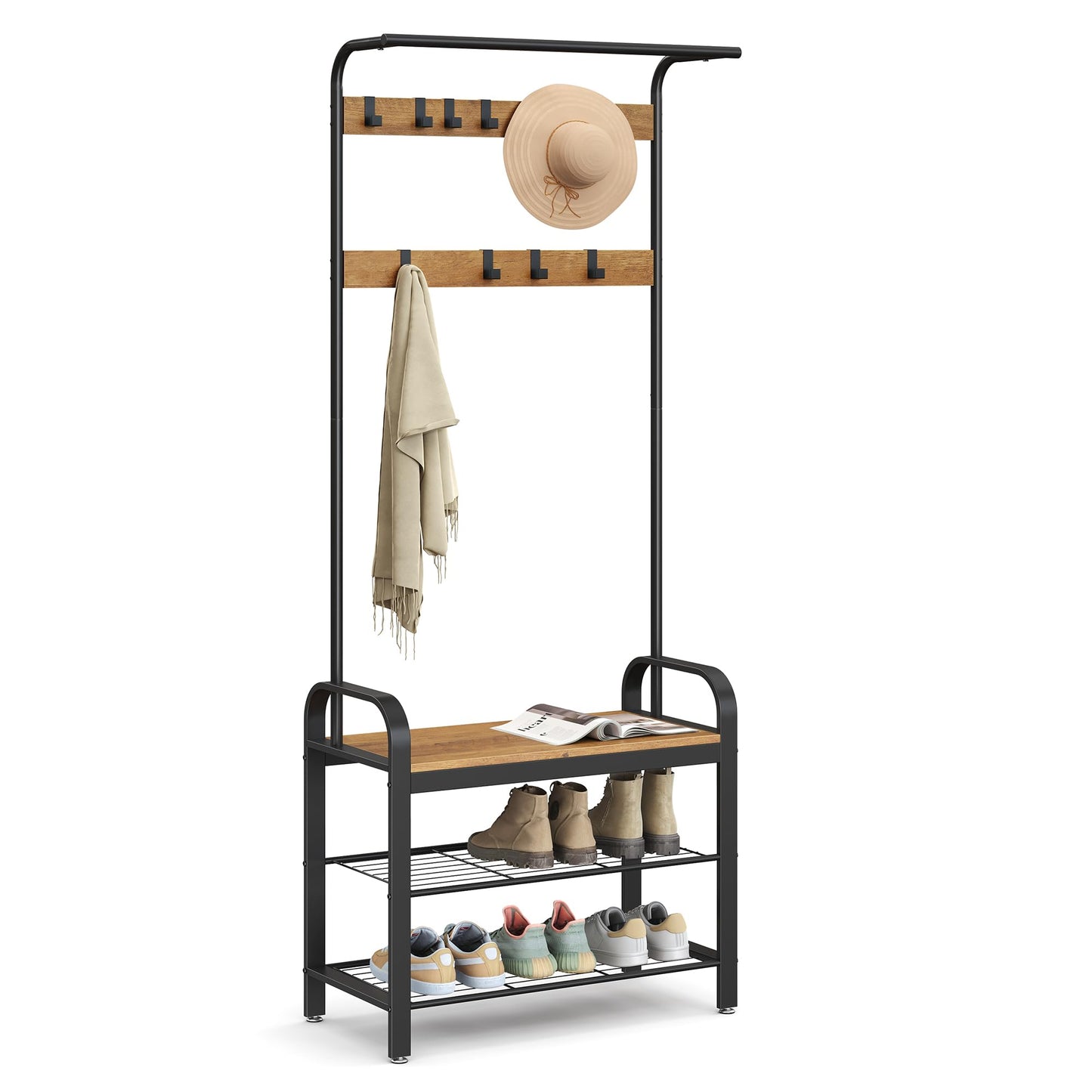 VASAGLE Coat Rack, Coat Stand with Shoe Storage Bench, 4-in-1 Design, with 9 Removable Hooks, a Clothes Rail, for Hallway, Entrance, 34 x 72 x 183 cm,
