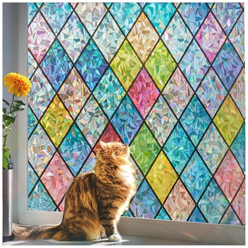 Beautysaid Rainbow Privacy Window Film: Stained Glass, No-Glue Frosted Window Film, Static Cling Film (Multicolor, 90x400cm