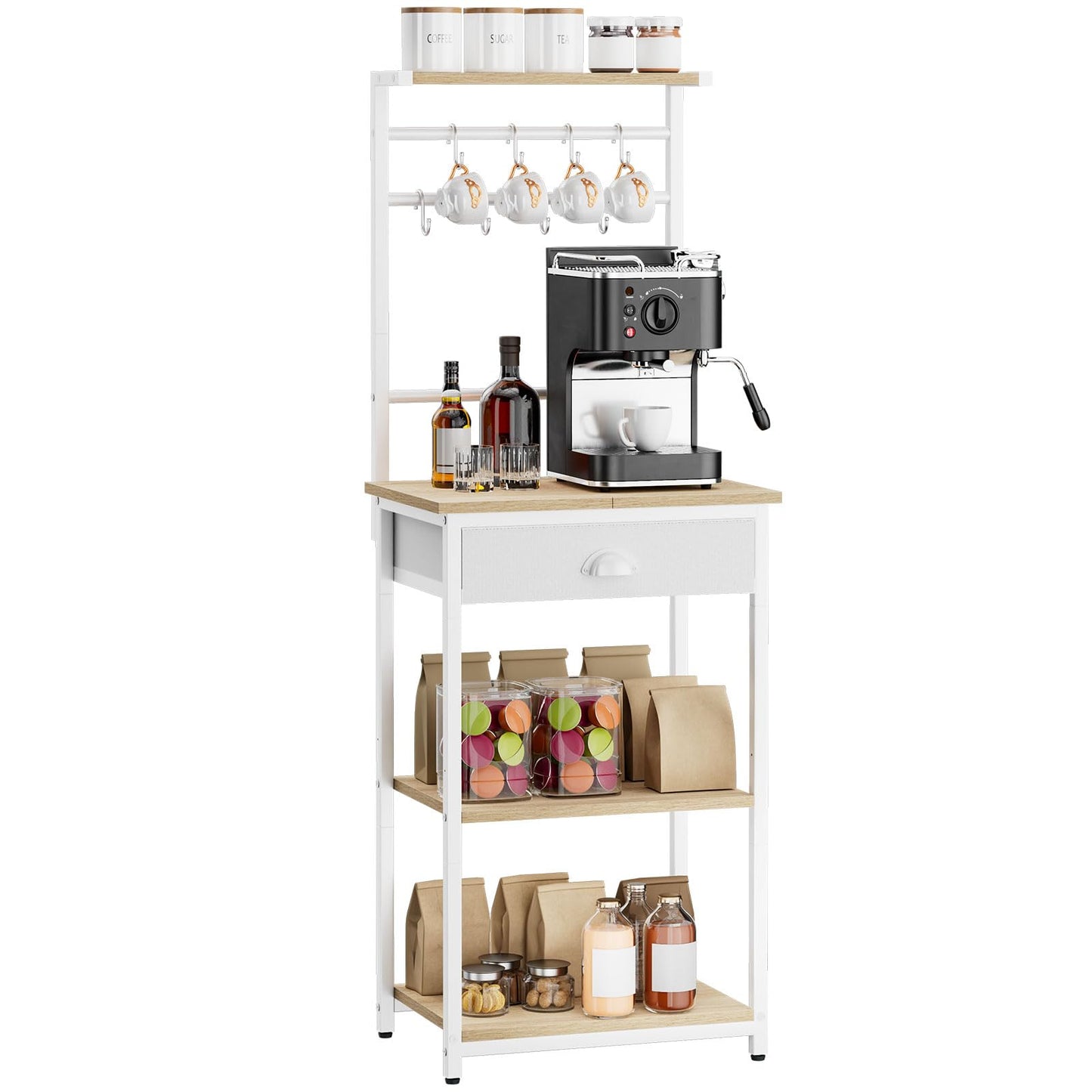 YMYNY 5 Tier Coffee Bar Station, Coffee Stand with Fabric Drawers, 8 S-Shaped Hooks, Corner Bar Cabinet, Height Adjustable, Bakers Rack for Kitchen