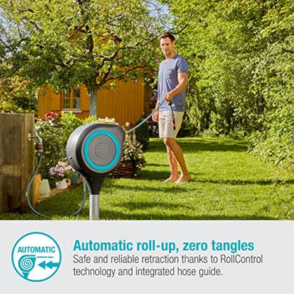 Gardena Garden Hose Box Rollup M (Turquoise) 20 m: Swivel Hose Box, Integral Hose Guide, Including 20 m Gardena Hose, mounting Rod and mounting kit (18614-20)