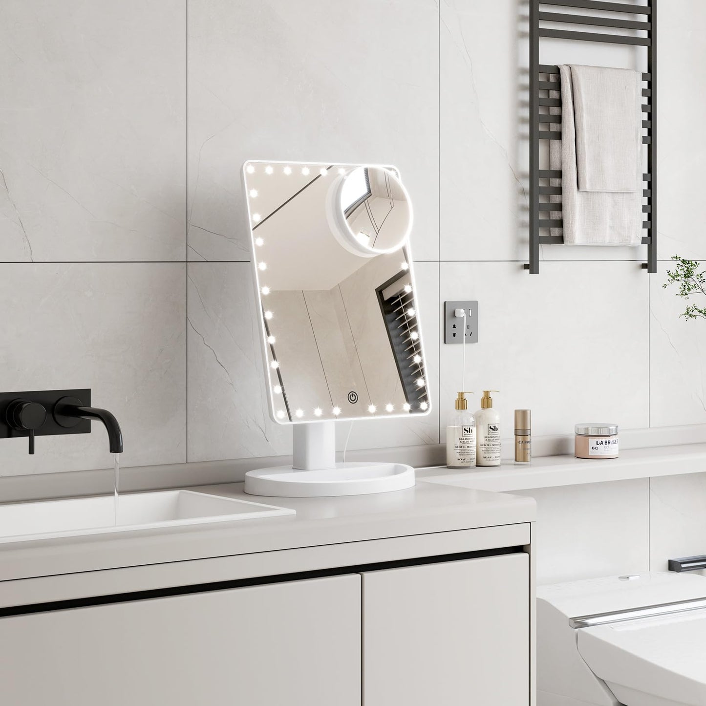 FUNTOUCH Large Lighted Vanity Makeup Mirror (X-Large) with 35 LED Lights, Touch Screen Dimmable and 10X Magnification Dual Power Supply 360Rotation