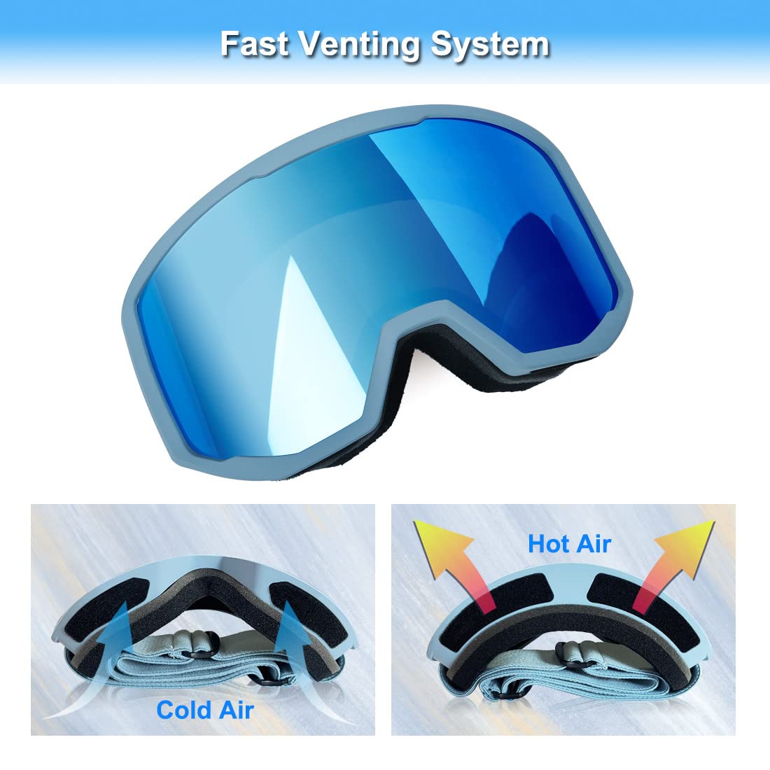 EXP VISION Ski Goggles, Anti fog Snow Snowboard Goggle OTG Dual lens with 100% UV400 Protection for Men Women (Grey Frame-Dream Blue)