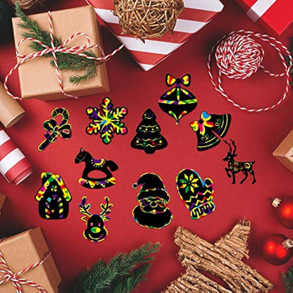 LOKIPA Christmas Scratch Paper Art Ornaments,80 Rainbow Magic Scratch Off Paper Cards with Drawing Sticks&Ribbon for Christmas Decoration