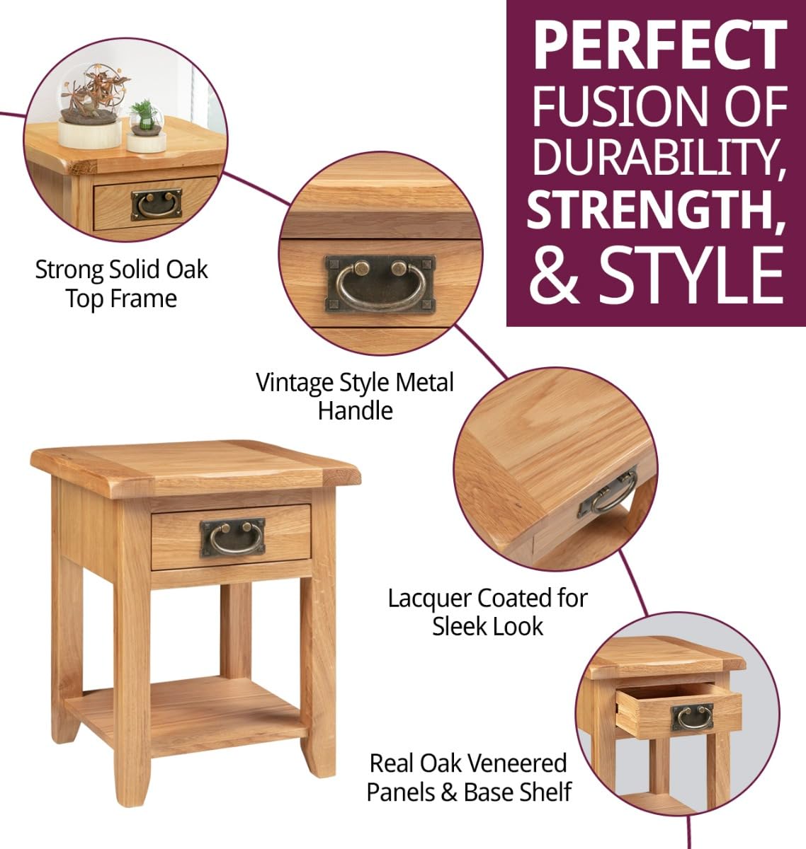 Hallowood Furniture Monchique Small Solid Oak Side Table with Drawer and Shelf, Wooden Lamp or Bedside Table with Lower Storage Unit, Bedroom and