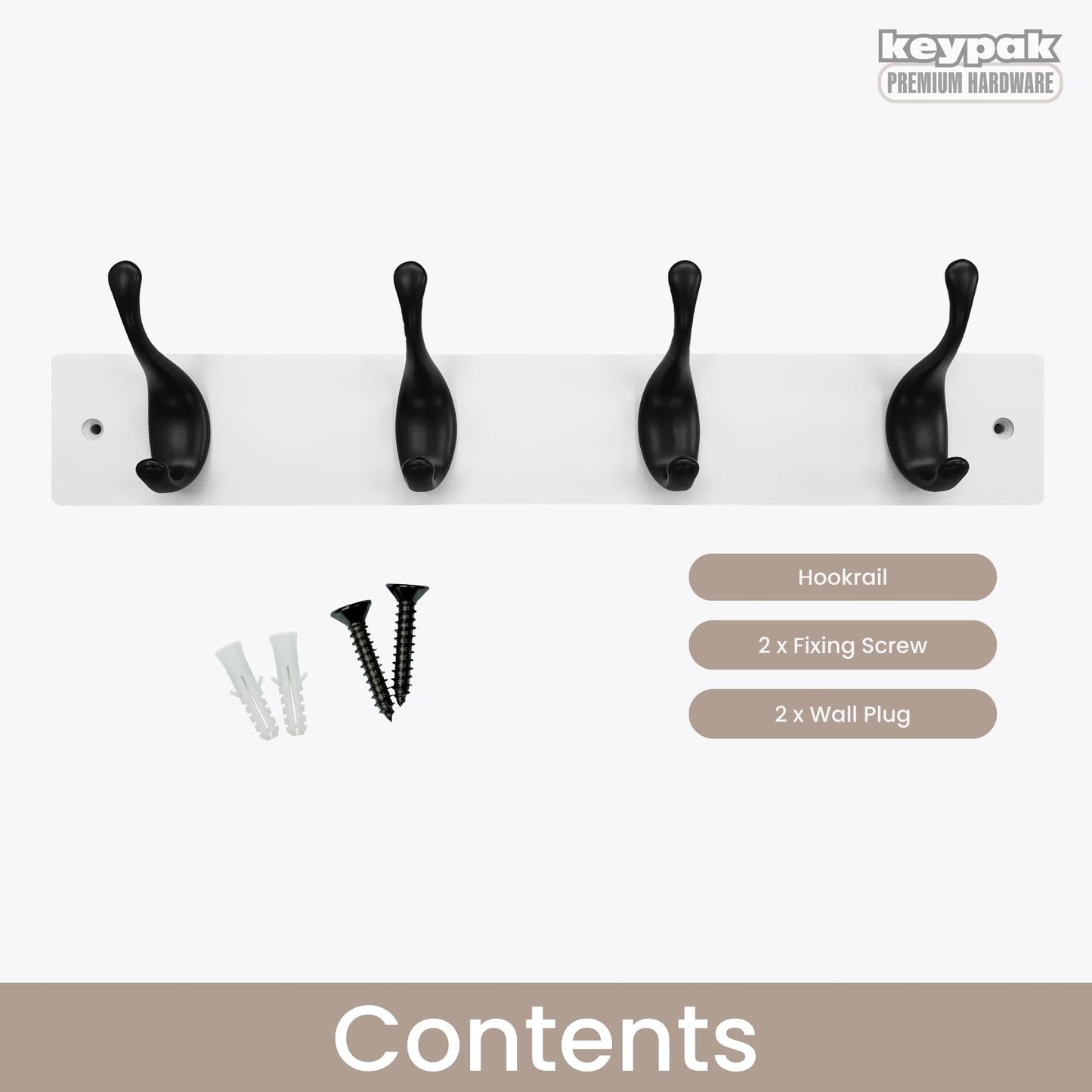 keypak 4 Matte Black Coat Hooks on White Wooden 46cm Board. 3.4kg Per Hook