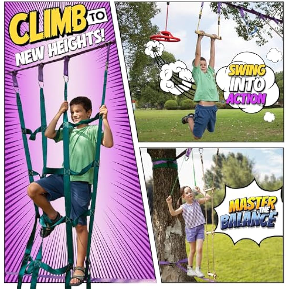 Ninja Warrior Obstacle Course for Kids Workout Equipment, 2 x 55ft Slacklines with 10 Weatherproof & Durable Obstacles - Cargo Net, Rope Ladder & More - Ninja Course for Kids Outside