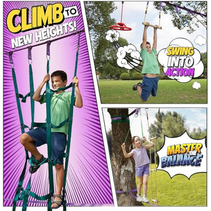 Ninja Warrior Obstacle Course for Kids Workout Equipment, 2 x 55ft Slacklines with 10 Weatherproof & Durable Obstacles - Cargo Net, Rope Ladder & More - Ninja Course for Kids Outside