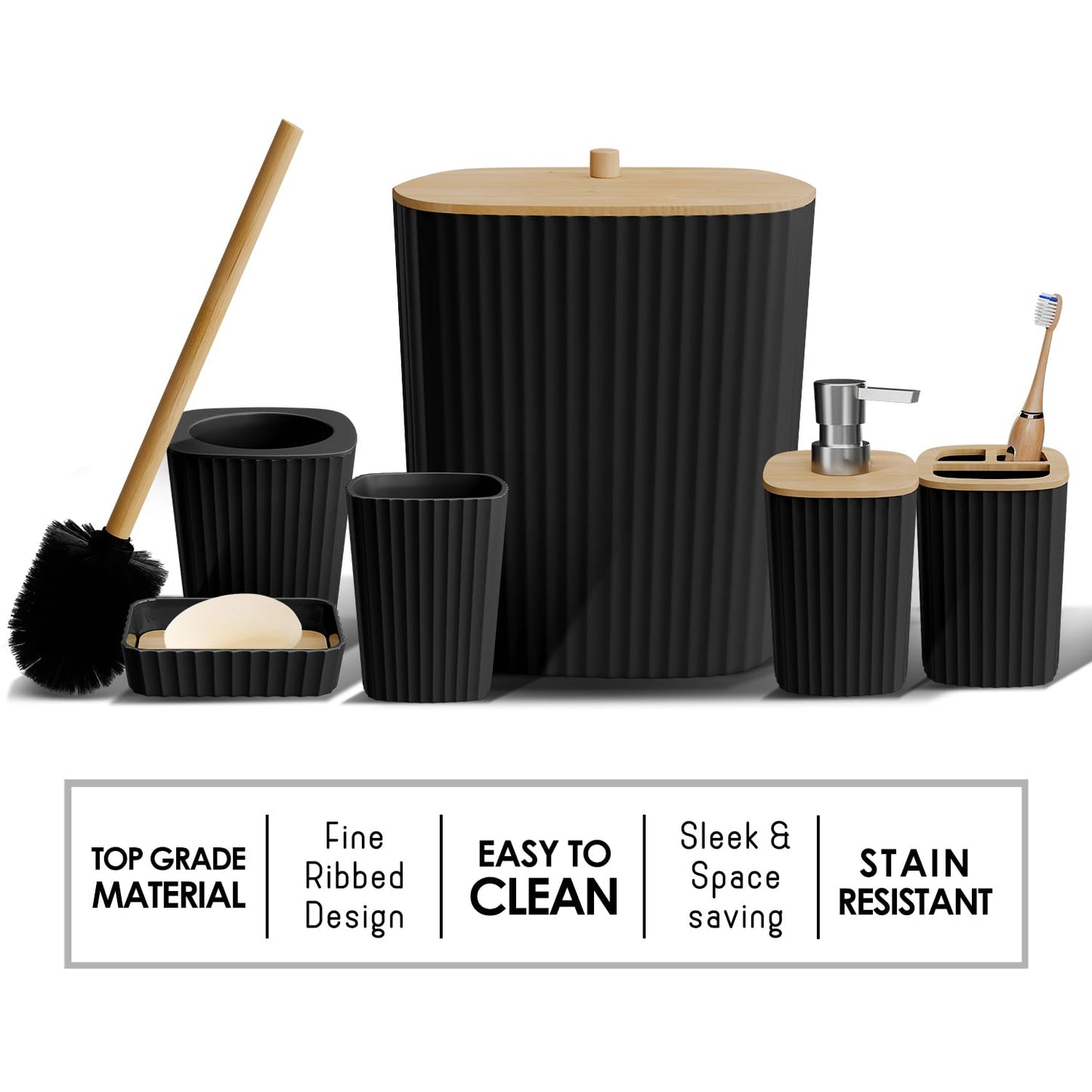 Clara Clark Bathroom Set - Black Bathroom Accessories Set, 6PC Bathroom Accessory Set, Bathroom Sets with Toilet Brush, Trash Can & Soap Dispenser