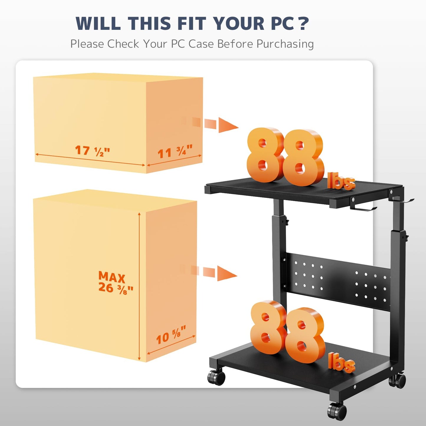 PUTORSEN Computer Tower Stand Cart - 2-Tier pc tower stand with 4 Casters, Rolling Holder with Pegboard & 2 Hooks, Height Adjustable from 52 to 77cm