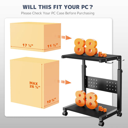 PUTORSEN Computer Tower Stand Cart - 2-Tier pc tower stand with 4 Casters, Rolling Holder with Pegboard & 2 Hooks, Height Adjustable from 52 to 77cm