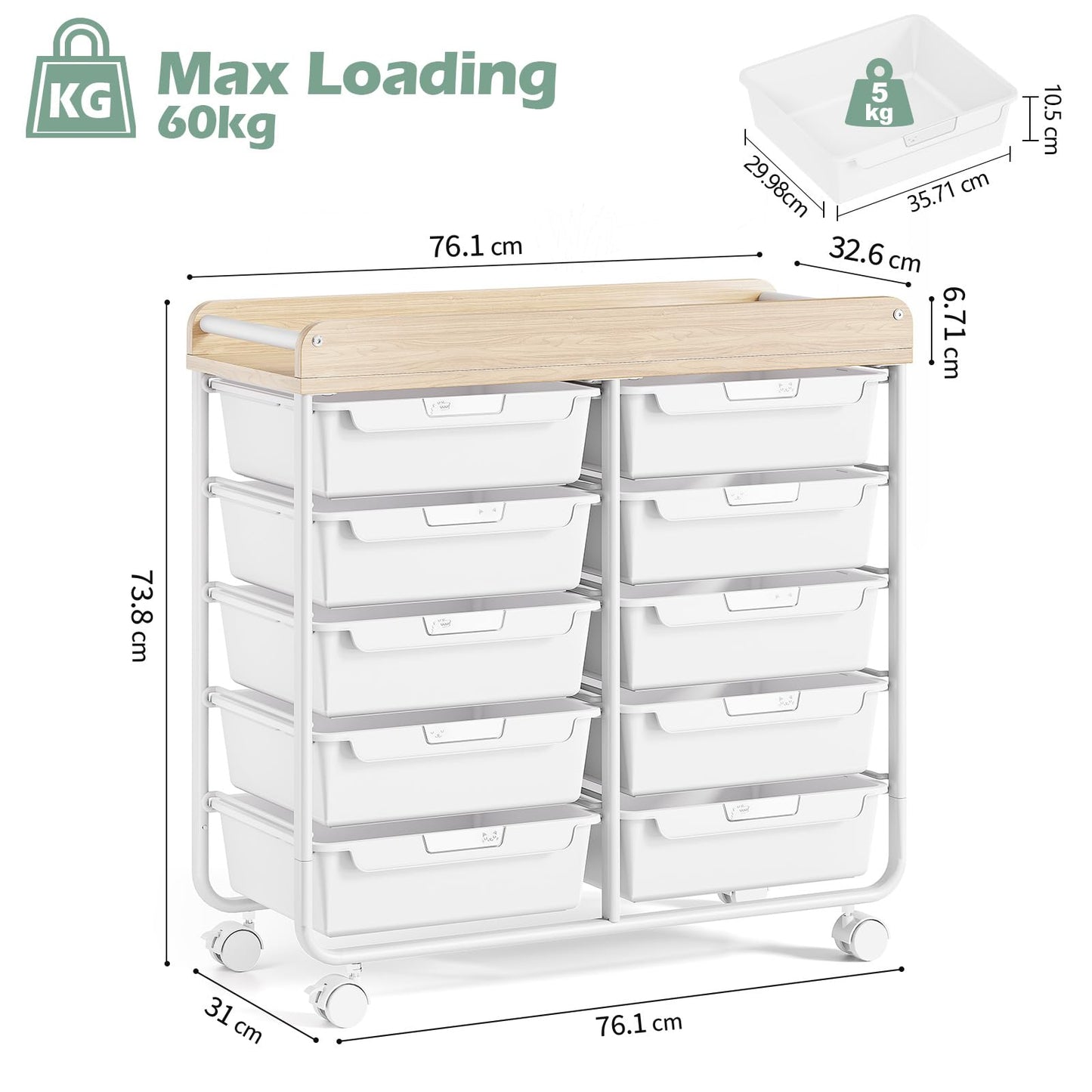 10 Drawers Rolling Cart with Wooden Tabletop, Utility Storage Cart with Wheels, Art Supply Craft Organizer on Wheel with Metal Frame & Handles for