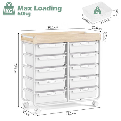 10 Drawers Rolling Cart with Wooden Tabletop, Utility Storage Cart with Wheels, Art Supply Craft Organizer on Wheel with Metal Frame & Handles for
