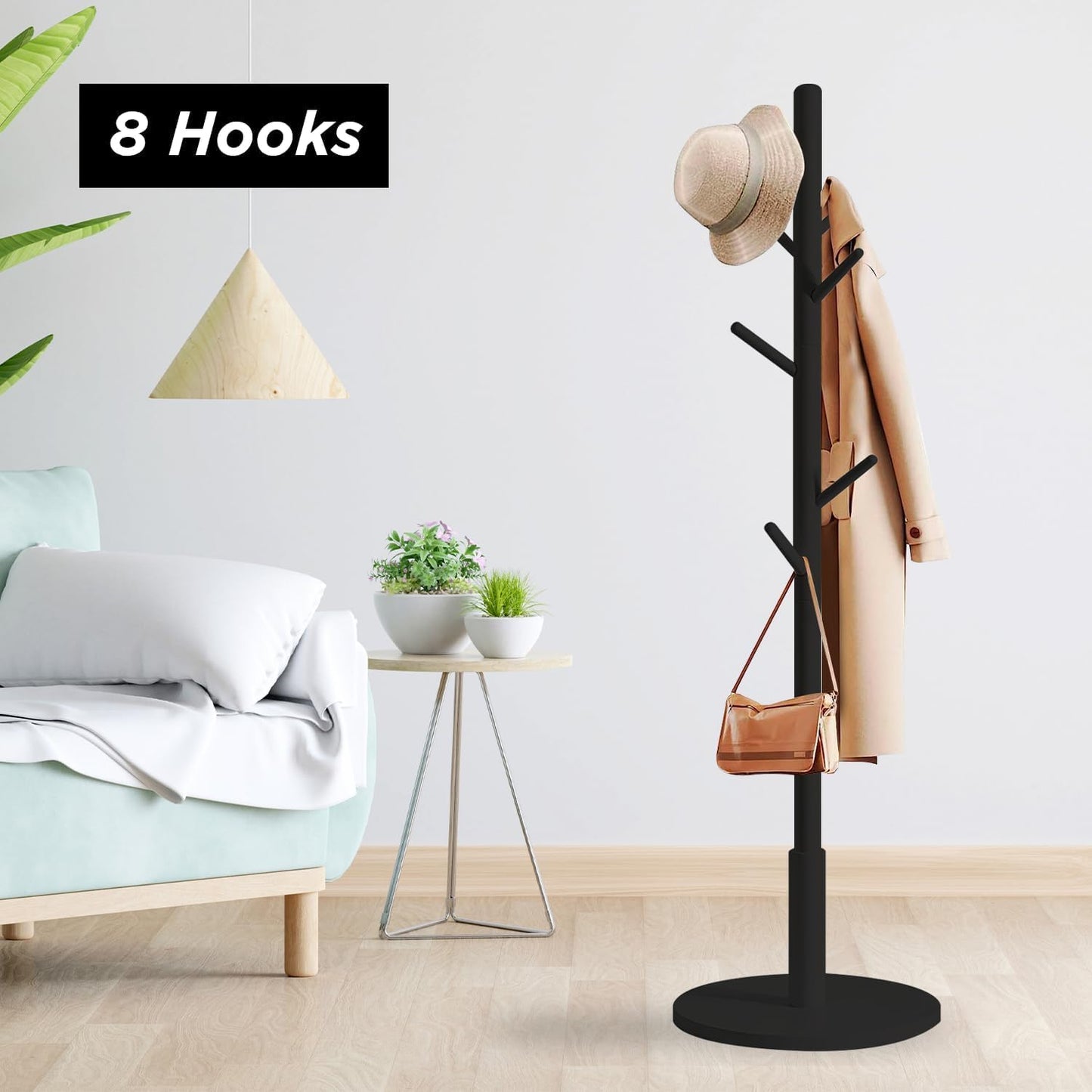 edihome, Coat Stand with Round Base, Freestanding Coat Rack with 8 Hooks, 172 x 38 x 38 cm, Wooden Hall Tree for Coats, Hats, Jackets