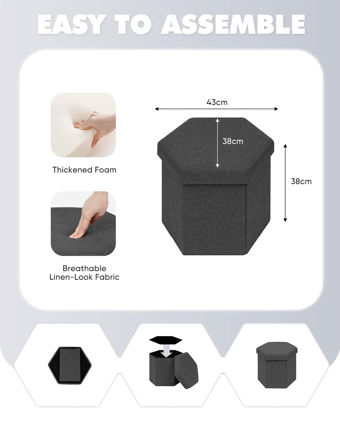 Bonlife Folding Storage Ottoman Hexagonal, Footrest with Toy Ches Box, 43cm