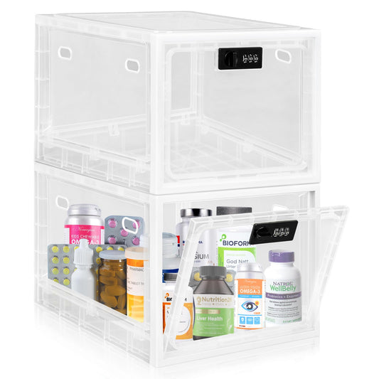 Gemaxvoled Lockable Medicine Box, Clear Medicine Storage Box, Premium Material Lockable Storage Bin Organiser Box for Fridge Food/Snacks/Phone/Tablet