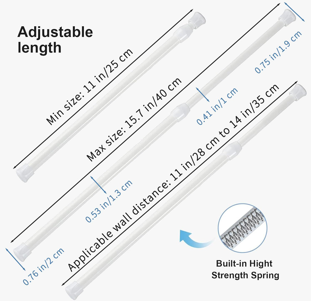 6Pcs Tension Rod, Goowin 25-40cm Tension Rods for Windows, No Drilling Rustproof Spring Adjustable Tension Curtain Rod for Doors, Windows