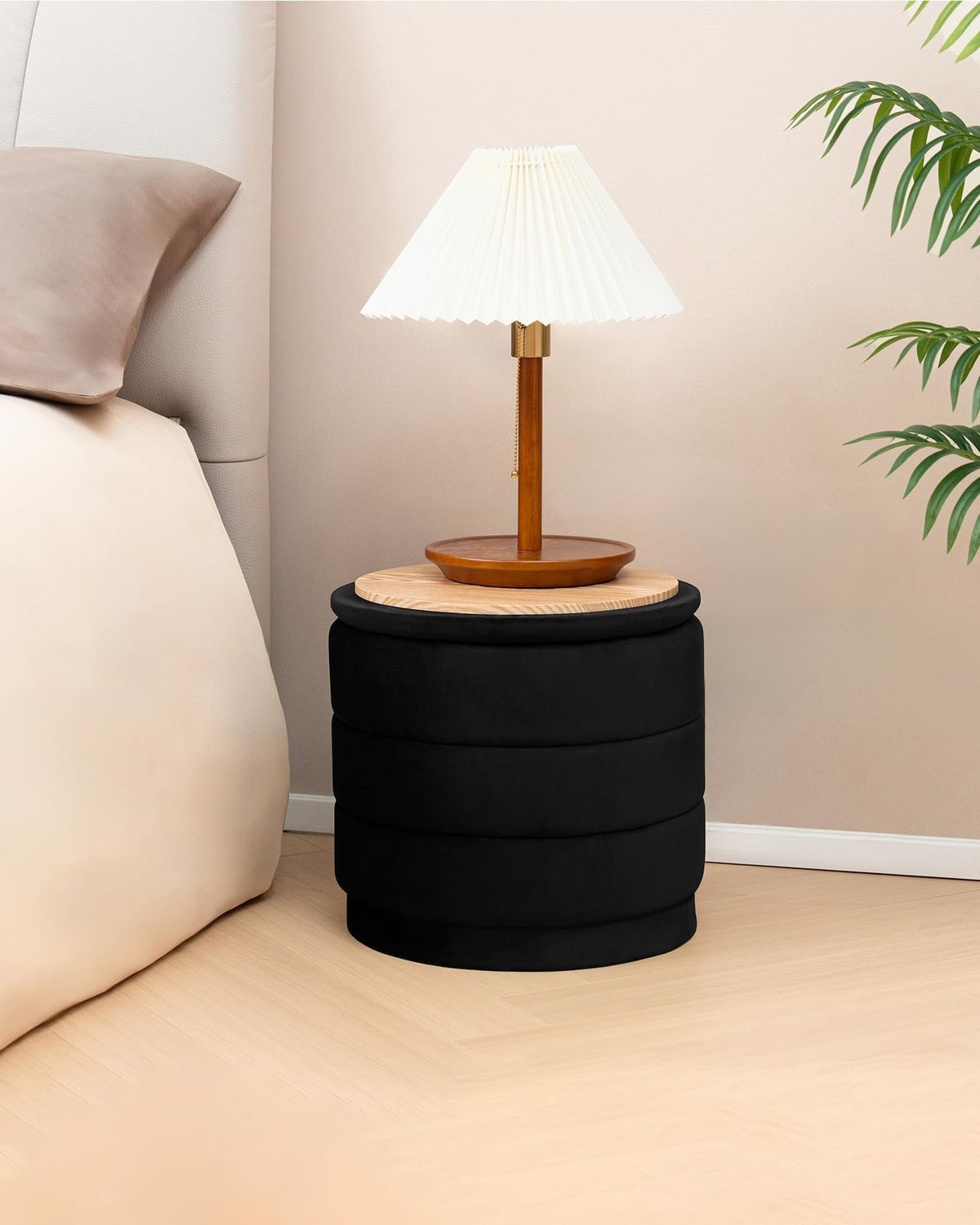 Bonlife Storage Ottoman Round - Folding Foot Rest with Hidden Storage, Black Velvet 39x39x37cm for Living Room, Bedroom & Hallway