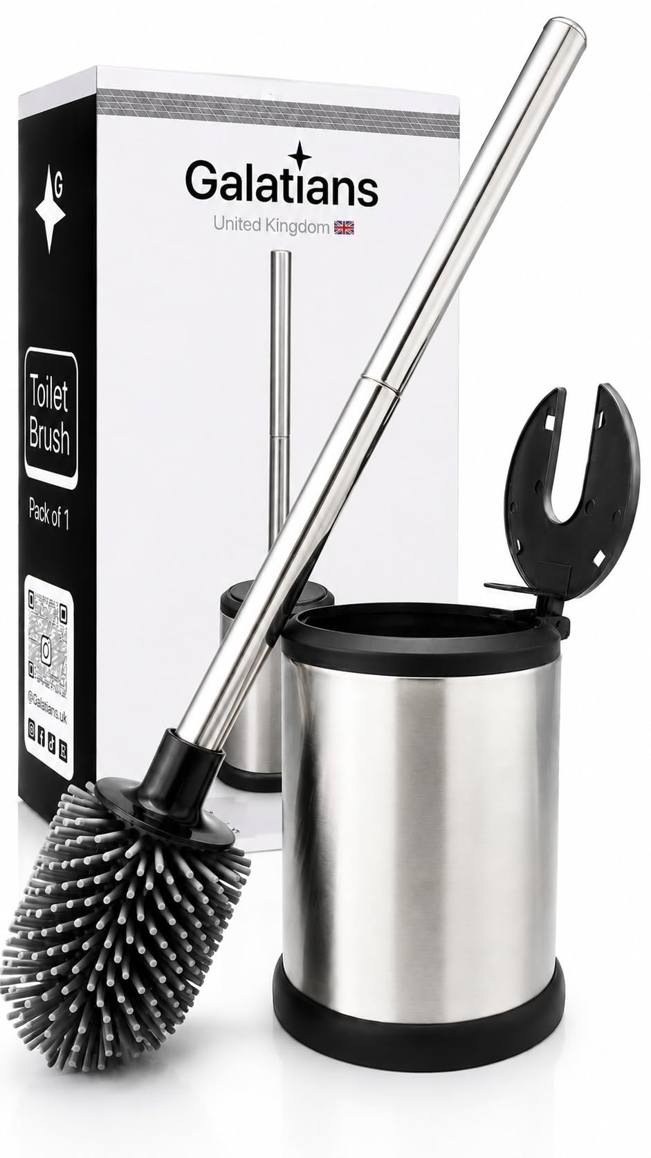 Silicone Toilet Brush and Holder Set | Freestanding or Wall Mounted Loo Brush | Hygienic TPR Bristles with Hidden Tweezers | White | Galatians®