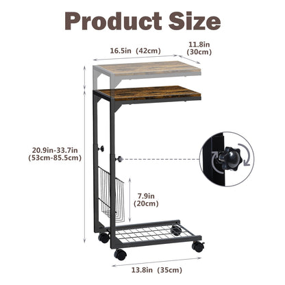 C Shaped Side Table Brown Adjustable C Table End Table With 2-Tier Shelf