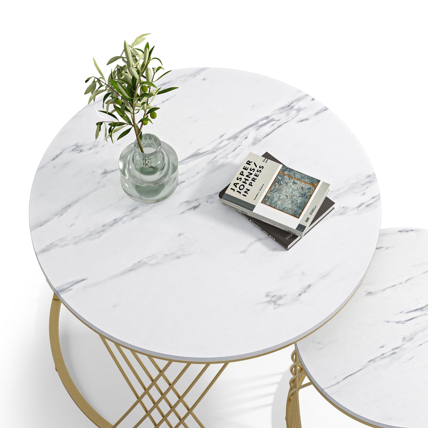 Skokliz Round Coffee Tables, Set of 2 Nesting tables for Living Room, Multi-functional Side Table with Gold Metal Frame for Bedroom Office Apartment