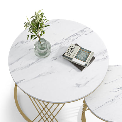 Skokliz Round Coffee Tables, Set of 2 Nesting tables for Living Room, Multi-functional Side Table with Gold Metal Frame for Bedroom Office Apartment