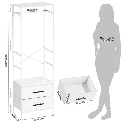 MYGIIVOVO Open Wardrobe, Clothes Rail with Drawers for Bedroom, with 2 White Fabric Drawers, 4 Side Hooks and Metal Frame 30D x 50W x 172H cm