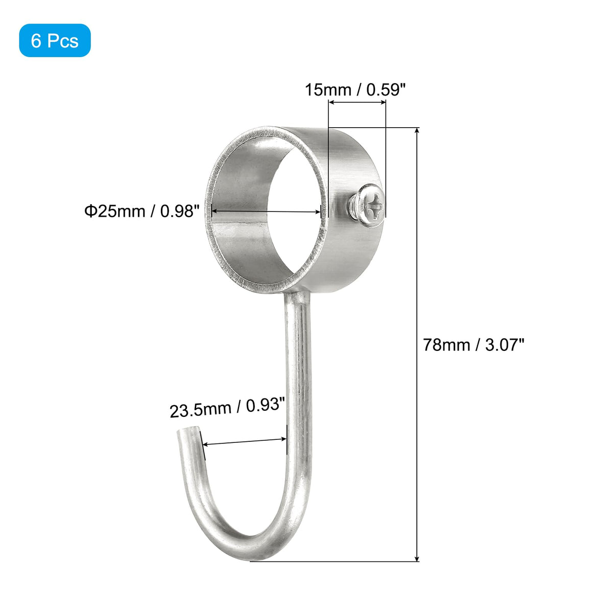 Sourcing Map 6Pcs Stainless Steel Pipe Rod Hooks, Silver, 25mm/0.98" Inner Dia, Adjustable Closet Rod Hooks, Coat Hook for Wardrobe Hanging Pots