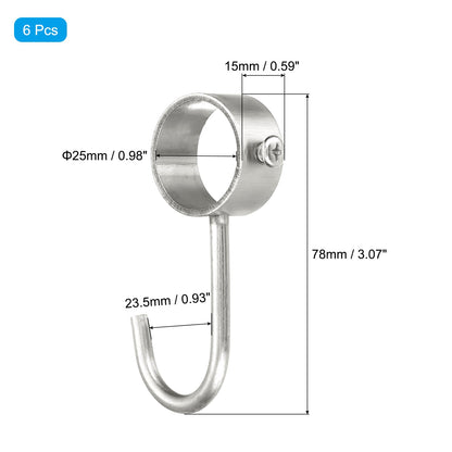 Sourcing Map 6Pcs Stainless Steel Pipe Rod Hooks, Silver, 25mm/0.98" Inner Dia, Adjustable Closet Rod Hooks, Coat Hook for Wardrobe Hanging Pots