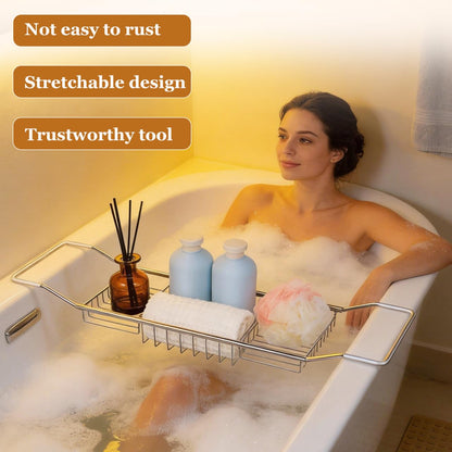 DOITOOL Adjustable Stainless Steel Bathtub Rack Expandable Bath Tray with Anti-Slip Holders for Books Phone and Wine Glass Bathroom Storage