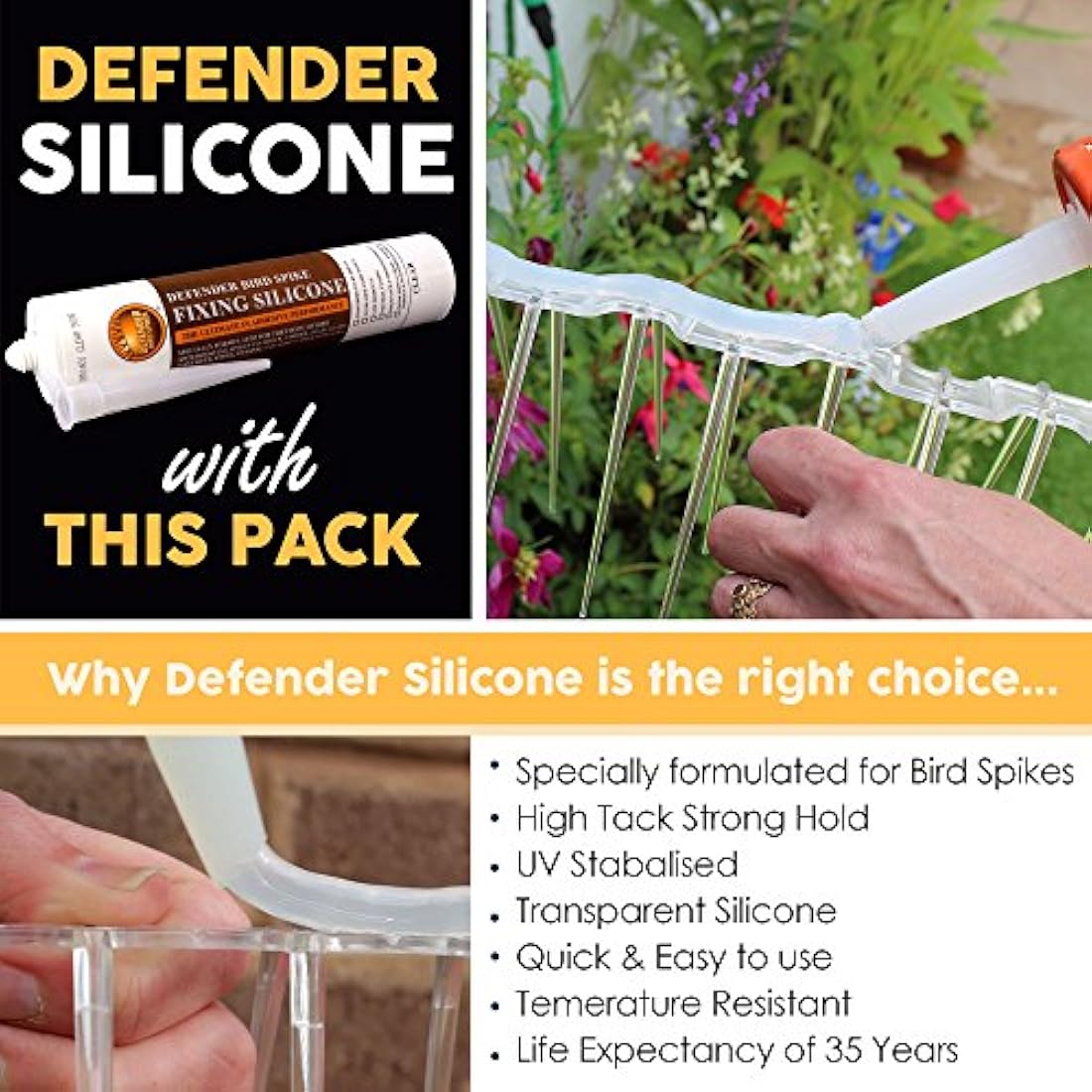Defender Plastic Bird Spikes Pack | 15 m with Glue | Bird Control Guide | Various Size Packs