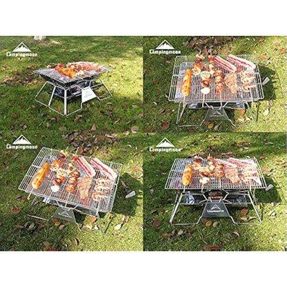 CAMPINGMOON Portable Camping Fire Pit Stainless Steel Foldable Collapsible BBQ Grill Wood Burning Charcoal 20x13-inch with Carrying Bag MT-3
