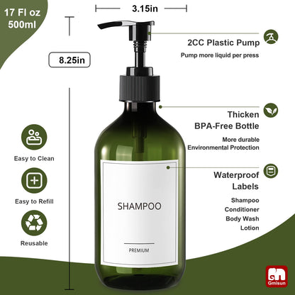 GMISUN Shampoo and Conditioner Bottles, Plastic Green Shower Gel Dispenser