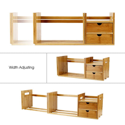 Ejoyous Bamboo Desk Organiser, Extendable Adjustable Desktop Bookcase Multipurpose Wooden Tabletop Bookshelf with 2 Drawers for Living Room Bed Room