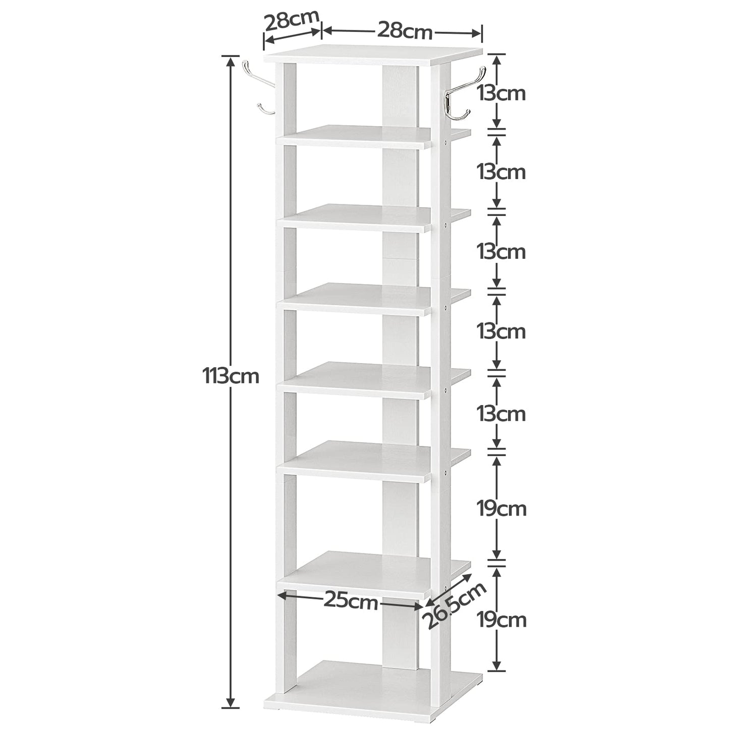 HOOBRO Shoe Rack Wooden, White Shoe Shelf, Tall, Narrow Shoe Storage Organizer with 2 Hooks, Vertical Shoe Tower for Entrance, Living Room, Hallway