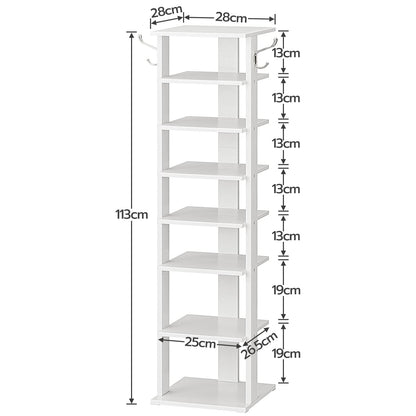 HOOBRO Shoe Rack Wooden, White Shoe Shelf, Tall, Narrow Shoe Storage Organizer with 2 Hooks, Vertical Shoe Tower for Entrance, Living Room, Hallway